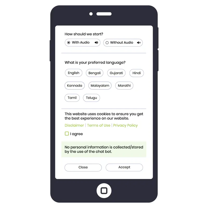 Infographic showing steps to talk to AIRA: choose mode, language, and topic